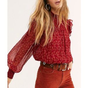 Free People Roma Sheer Blouse Red